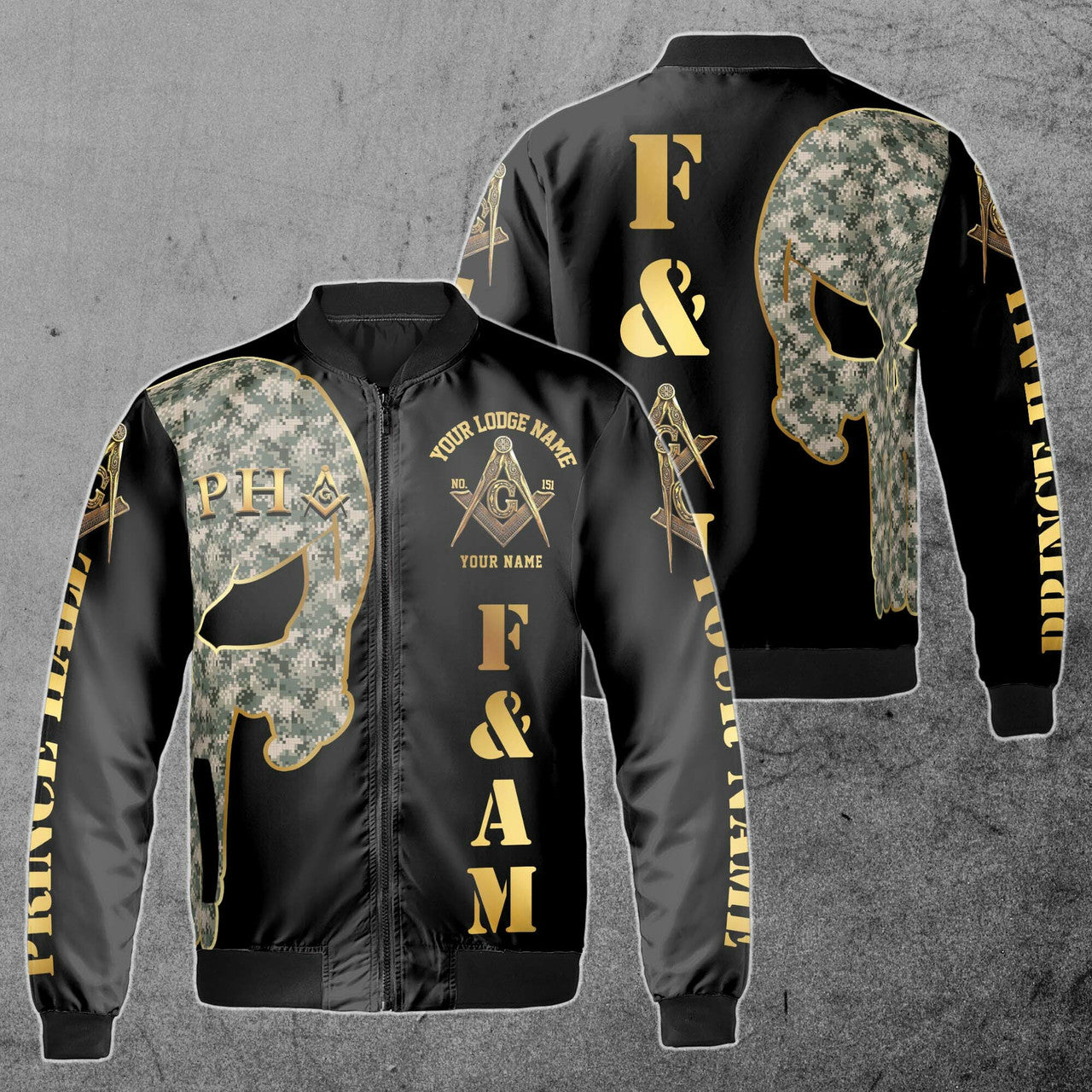 Custom Name Skull PHA F&AM Freemasonary Masonic Unisex Bomber Jacket S-5XL