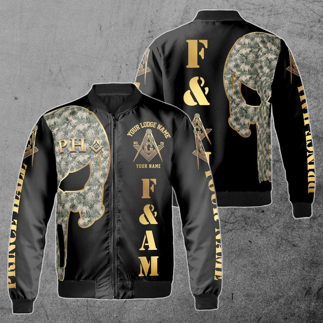 Custom Name Skull PHA F&AM Freemasonary Masonic Unisex Bomber Jacket S-5XL