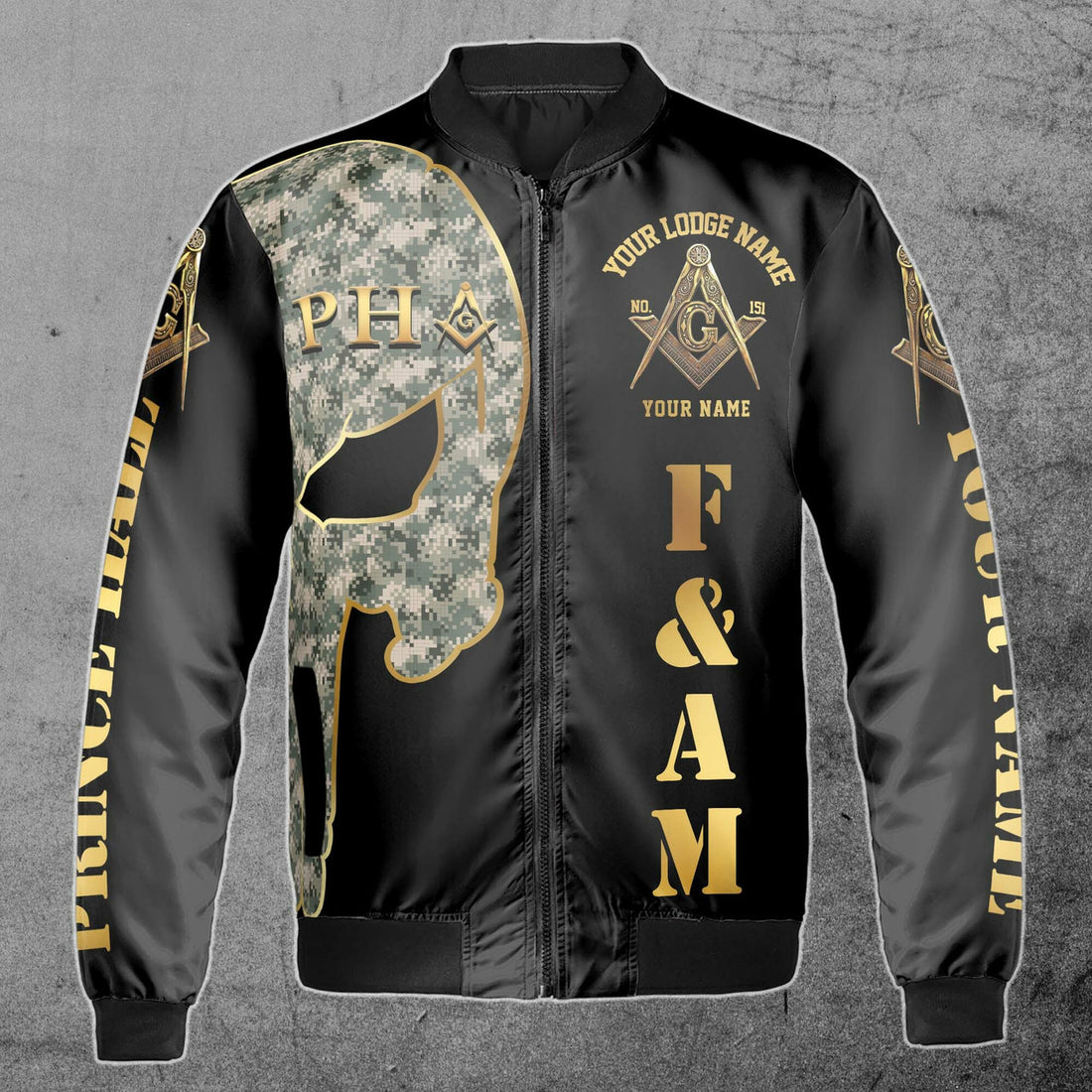 Custom Name Skull PHA F&AM Freemasonary Masonic Unisex Bomber Jacket S-5XL