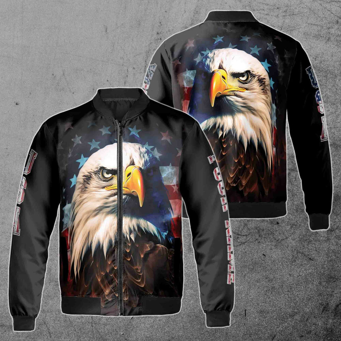 Custom Name Retro Grunge American Eagle Art, American Flag Patriotic Unisex Bomber Jacket S-5XL