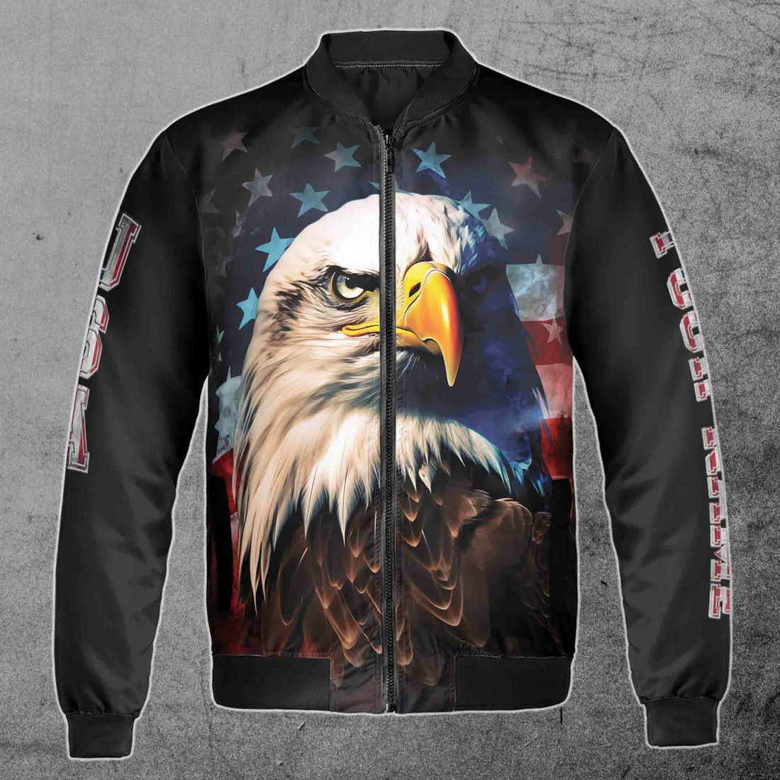 Custom Name Retro Grunge American Eagle Art, American Flag Patriotic Unisex Bomber Jacket S-5XL