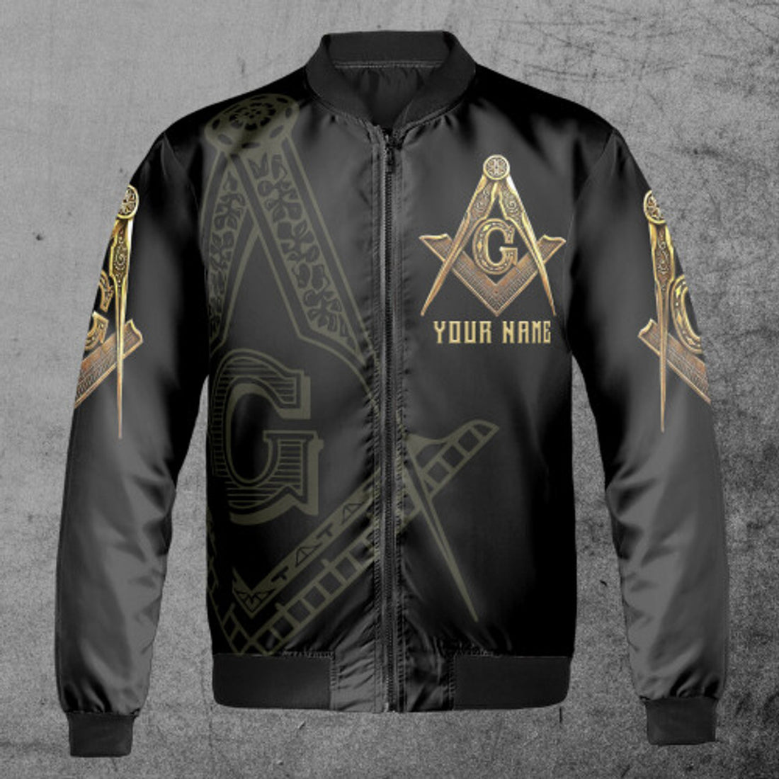 Customize Name, Lodge Name and Number Black and Gold Freemason Unisex Bomber Jacket S-5XL