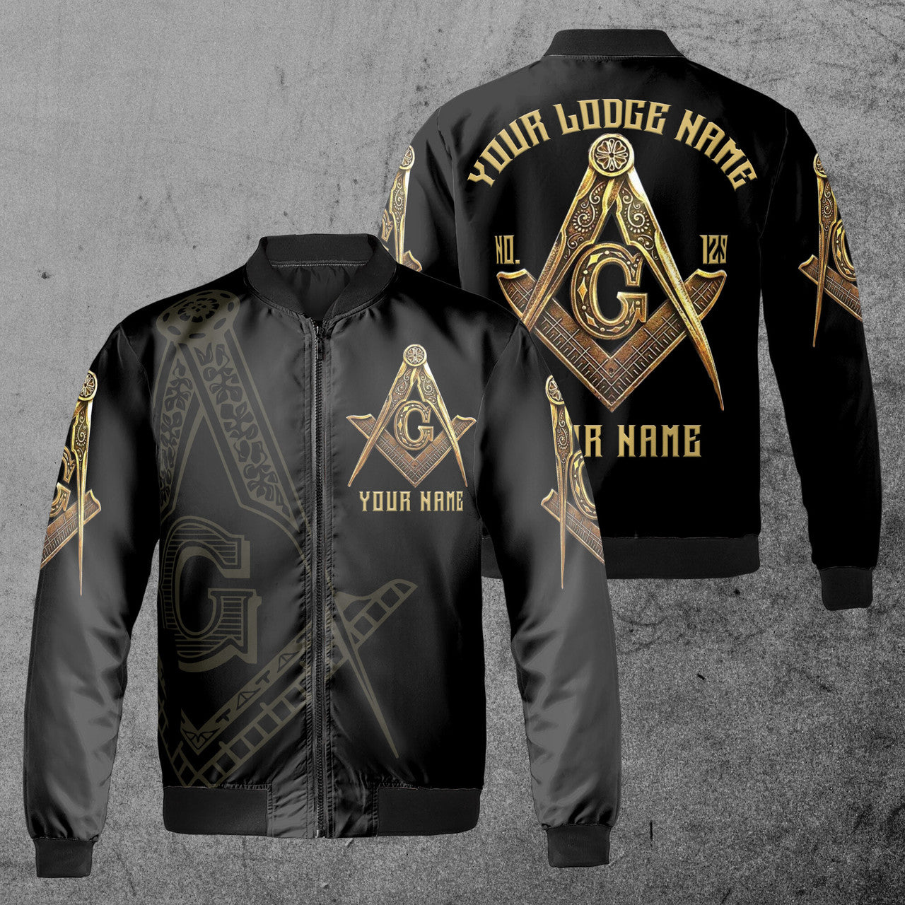 Customize Name, Lodge Name and Number Black and Gold Freemason Unisex Bomber Jacket S-5XL