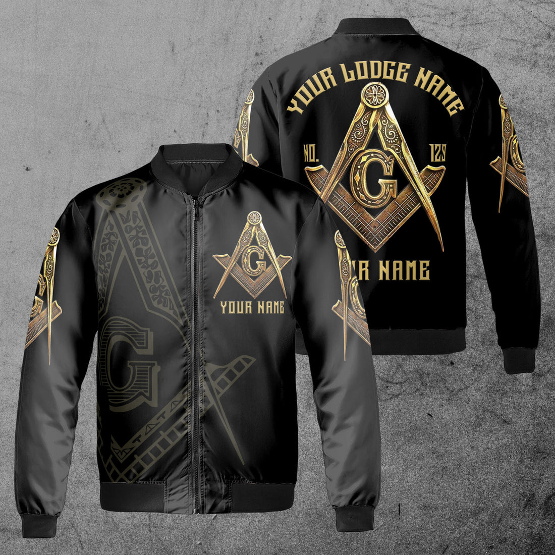 Customize Name, Lodge Name and Number Black and Gold Freemason Unisex Bomber Jacket S-5XL