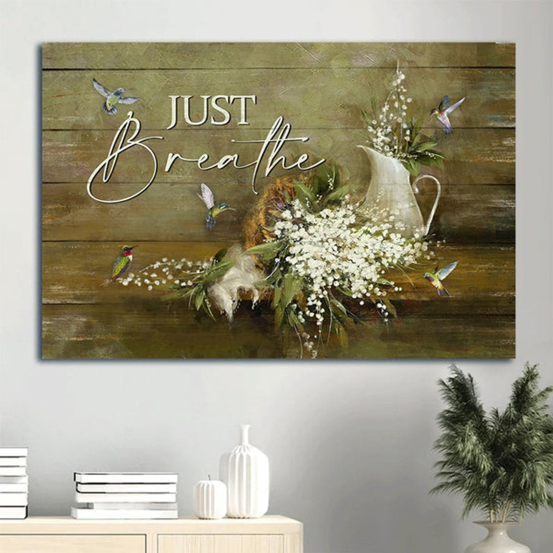 Baby Flower Hummingbird Still Painting Just Breathe Canvas Wall Art - Christian Wall Decor