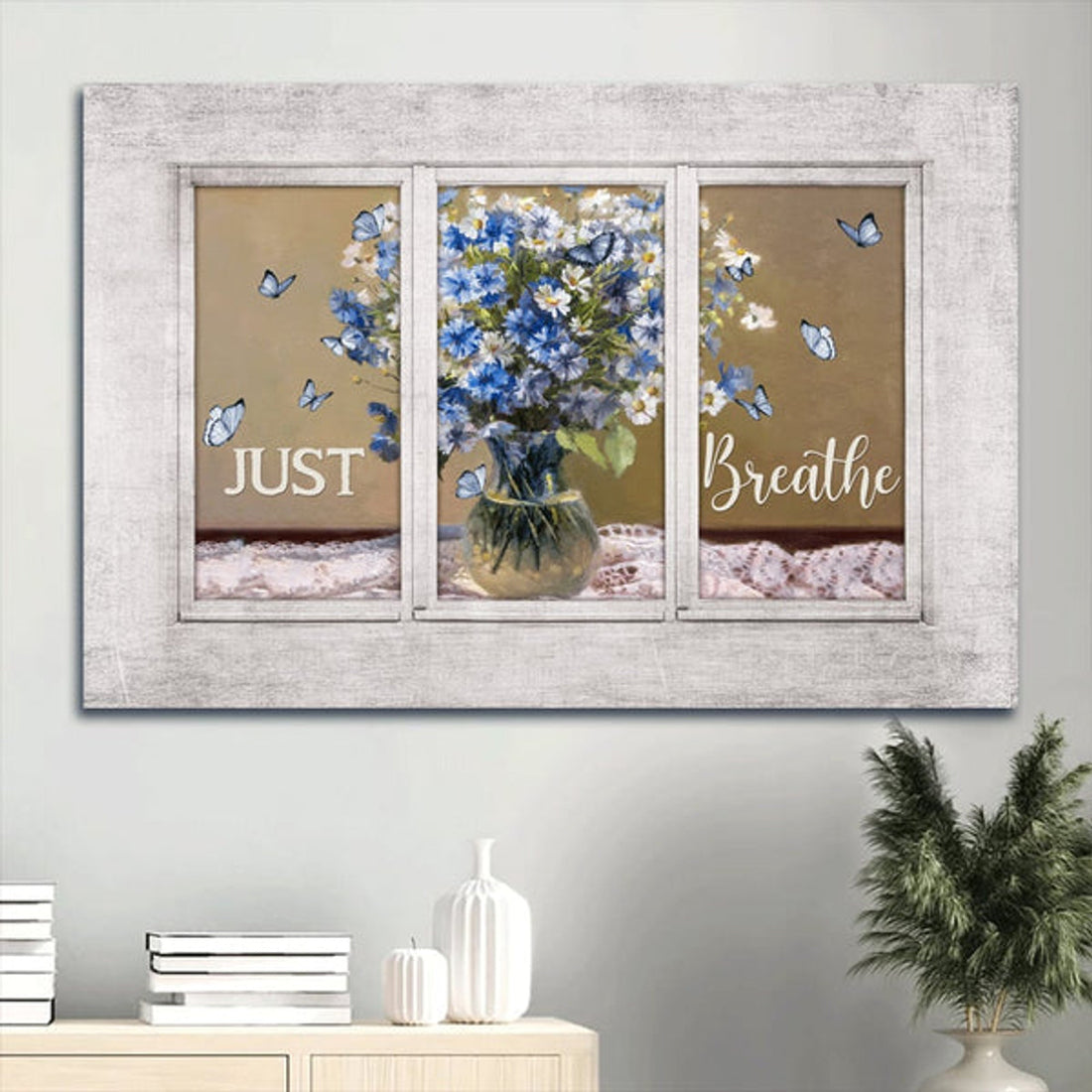 Baby Flower Vase Watercolor Butterfly White Window Just Breathe Canvas Wall Art - Christian Wall Decor