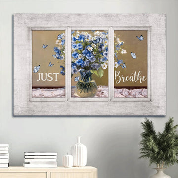 Baby Flower Vase Watercolor Butterfly White Window Just Breathe Canvas Wall Art - Christian Wall Decor