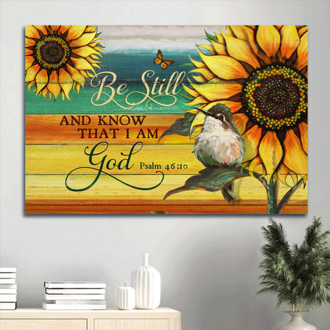Baby Hummingbird Giant Sunflower Canvas Be Still I Am God Canvas Wall Art - Christian Wall Decor