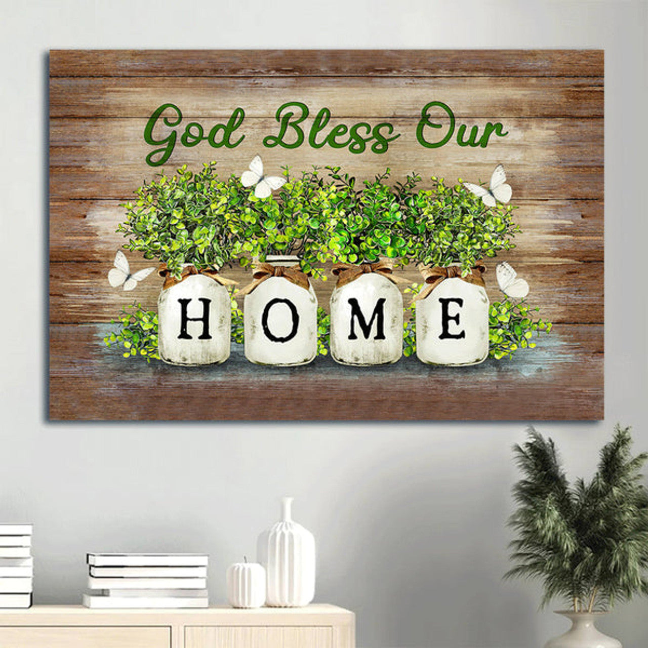 Baby Rubber Plant Vase White Butterfly God Bless Our Home Canvas Wall Art - Christian Wall Decor