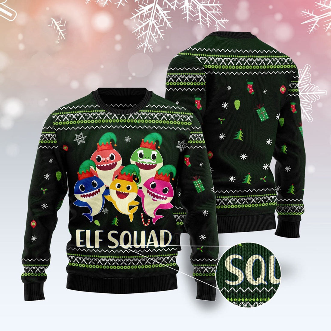 FUNSTUFFPRINT Baby Shark Elf Ugly Christmas Sweater, Christmas Sweater, Ugly Sweater, Funny Xmas Sweaters Ugly Sweater