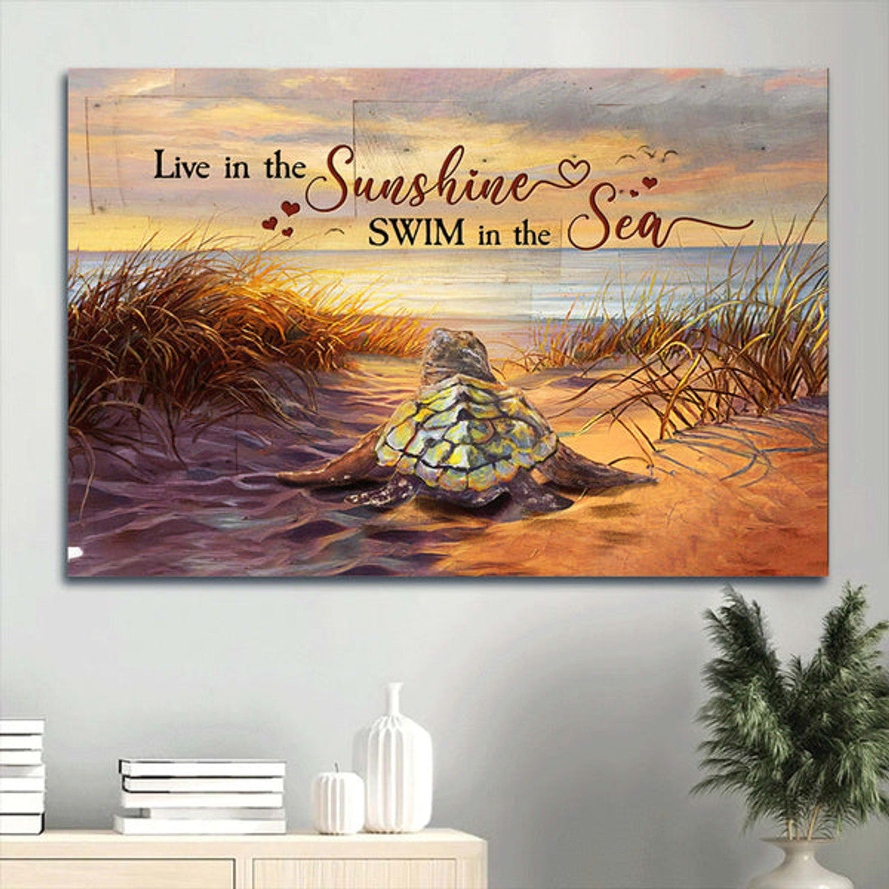 Baby Turtle Beach Grass Blue Ocean Sunrise Sky Live In The Sunshine Canvas Wall Art - Christian Wall Decor