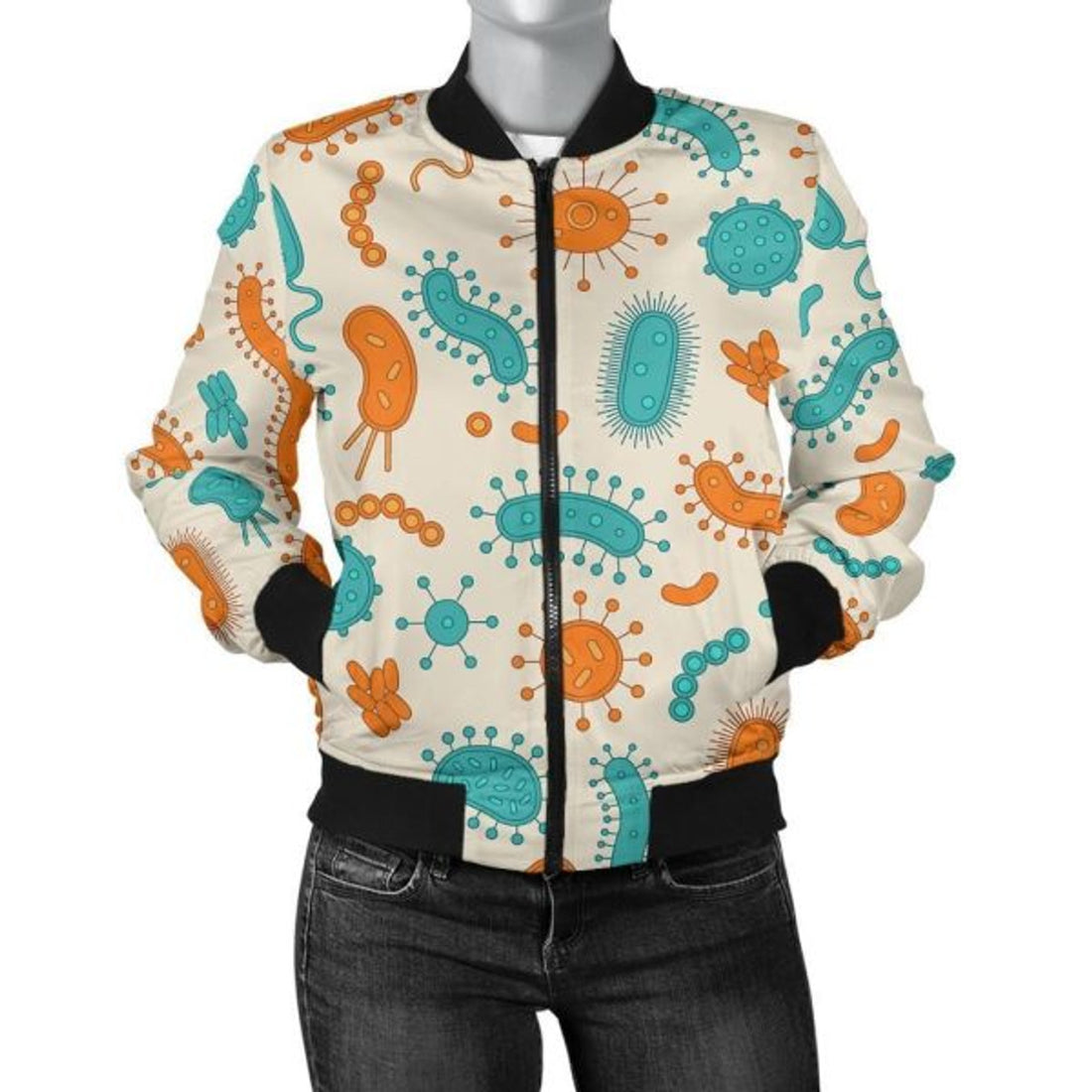 FUNSTUFFPRINT Bacteria Virus Print Pattern Women Casual 3D Bomber Jacket