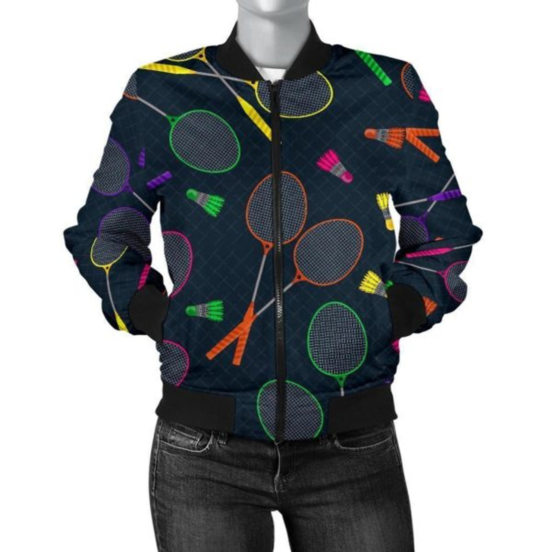 FUNSTUFFPRINT Badminton Colorful Pattern Print Women Casual 3D Bomber Jacket