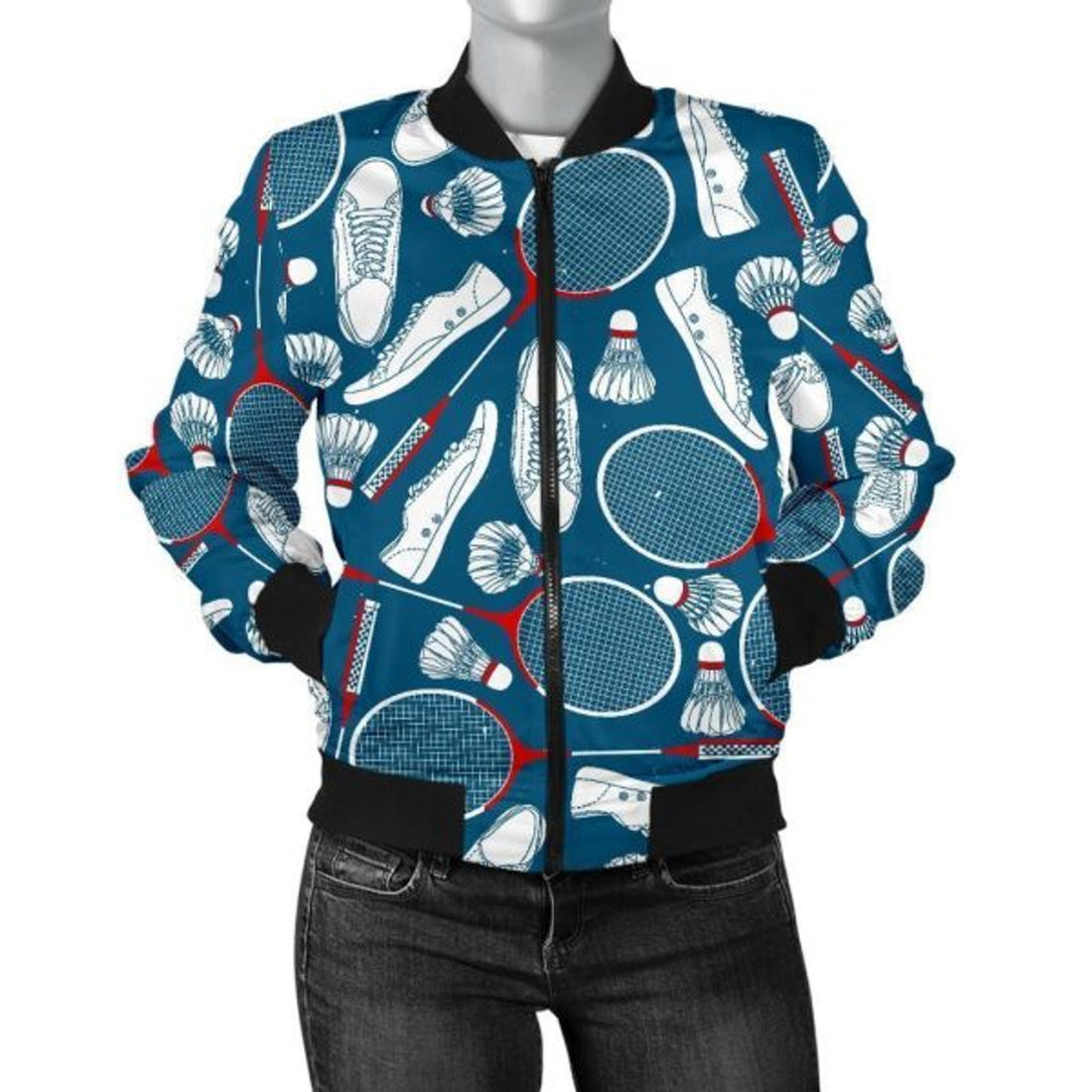 FUNSTUFFPRINT Badminton Print Pattern Women Casual 3D Bomber Jacket