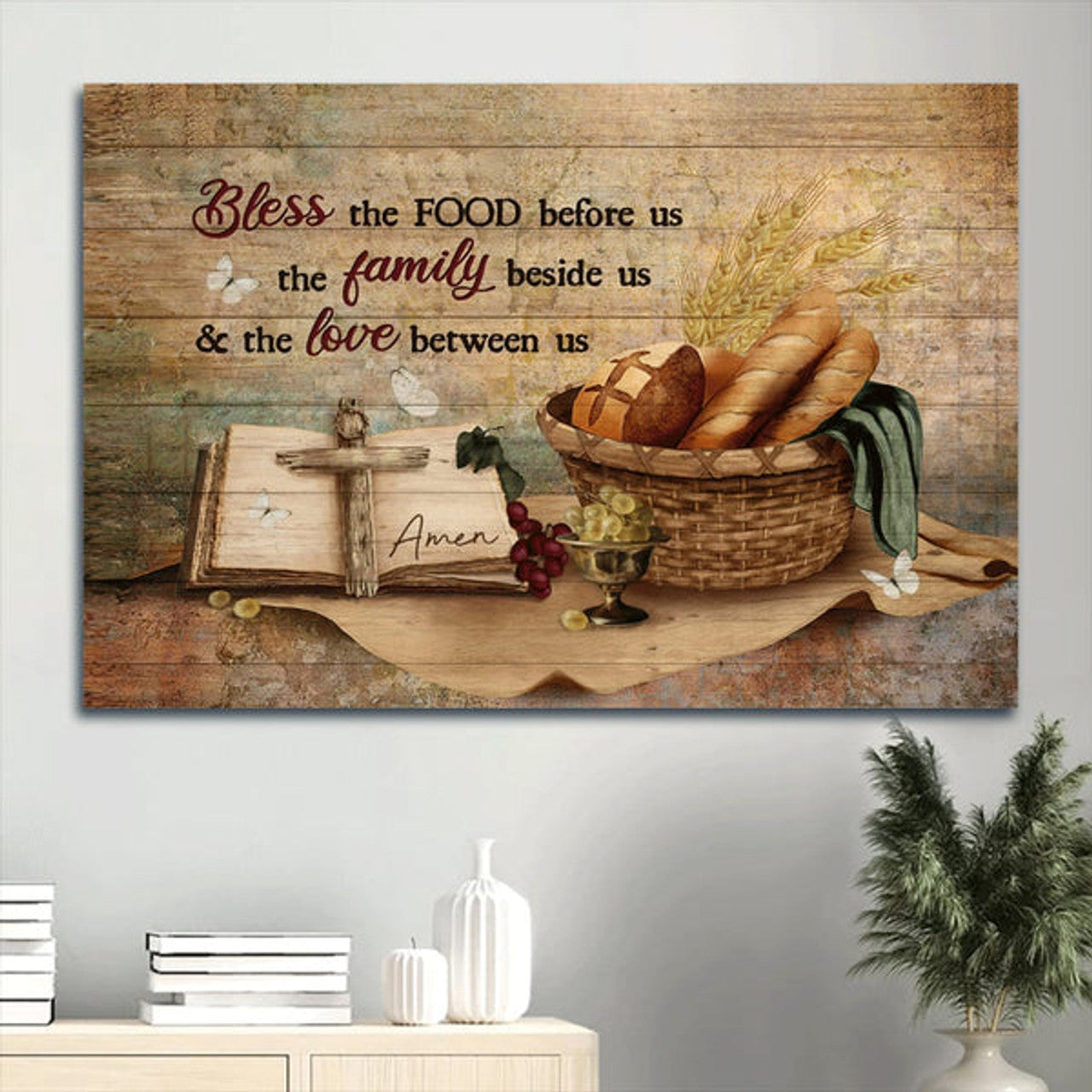 Baguette Painting Grapes Drawing Religious Text Book Bless The Food Canvas Wall Art - Christian Wall Decor