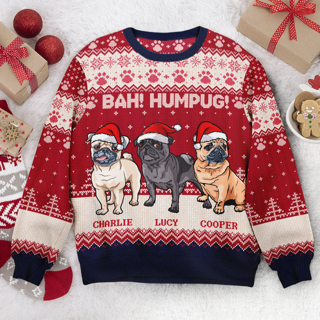 FUNSTUFFPRINT Custom Bah Hum Pug Dog Lovers - Personalized Ugly Sweater Ugly Sweater