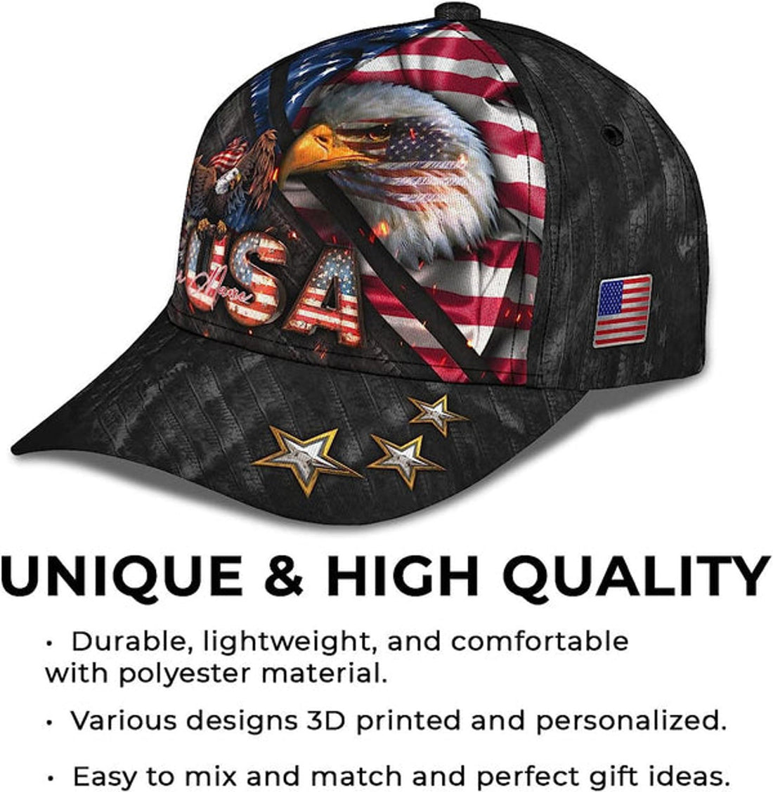 FUNSTUFFPRINT Bald Eagle And Us Flag For Veteran Military Custom Name All Over Print Baseball Cap - Christian Hats For Men Women