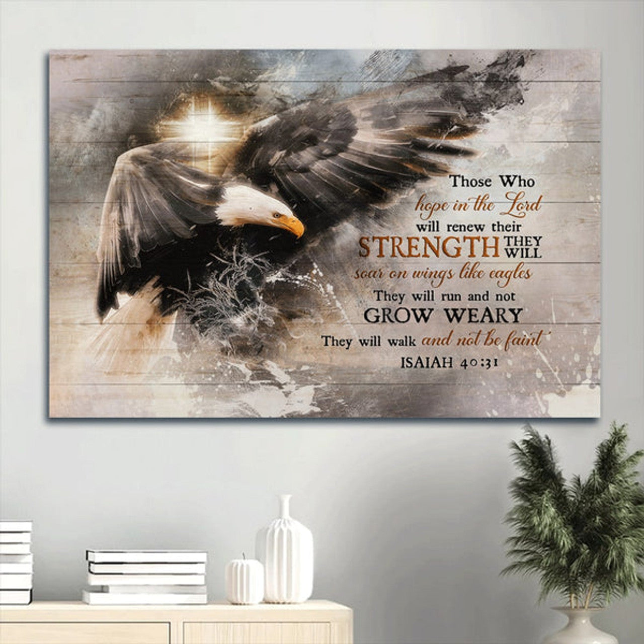 Bald Eagle Cross Symbol They Will Walk And Not Be Faint Canvas Wall Art - Christian Wall Decor