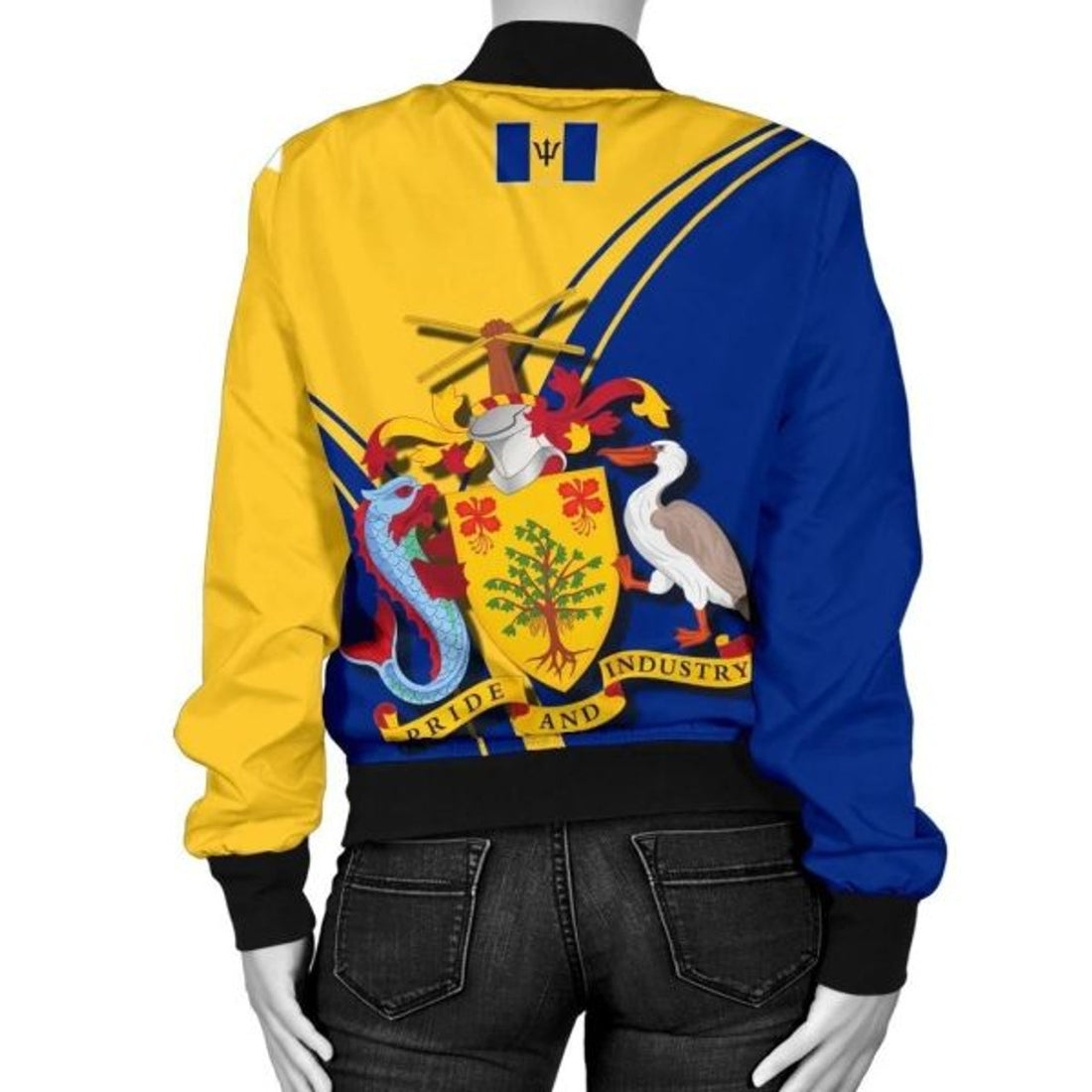 FUNSTUFFPRINT Barbados Women's Bomber Jacket - Barbados Coat of Arms & Flag - 3D Bomber Jacket