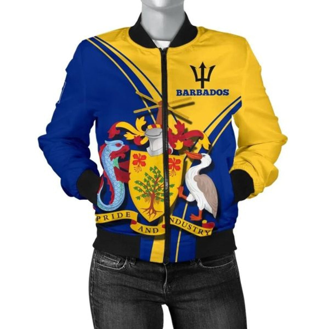 FUNSTUFFPRINT Barbados Women's Bomber Jacket - Barbados Coat of Arms & Flag - 3D Bomber Jacket