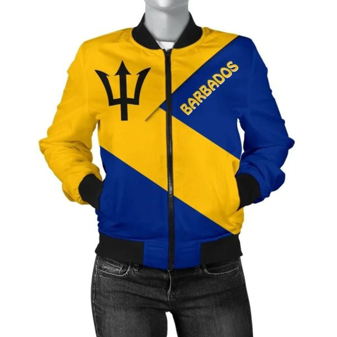 FUNSTUFFPRINT Barbados Women's Bomber Jacket- Barbados Flag Style - 3D Bomber Jacket