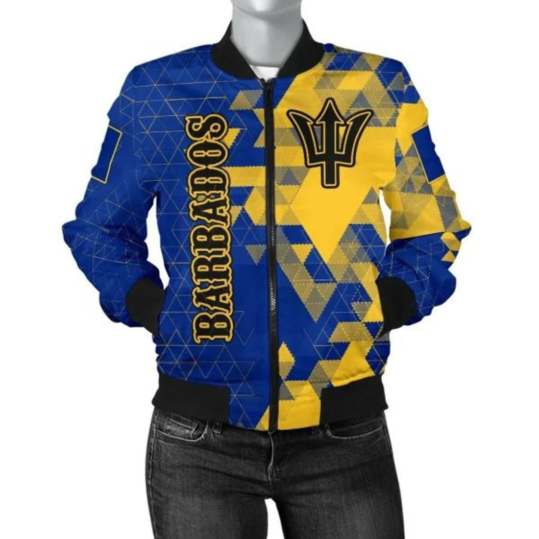 FUNSTUFFPRINT Barbados Women's Bomber Jacket - National Flag Polygon Style - 3D Bomber Jacket