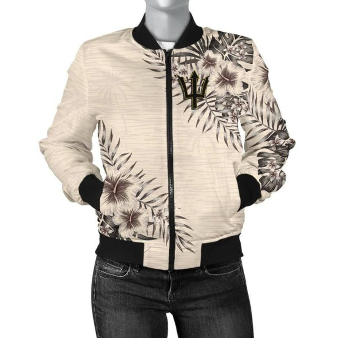 FUNSTUFFPRINT Barbados Women's Bomber Jacket - The Beige Hibiscus 3D Bomber Jacket