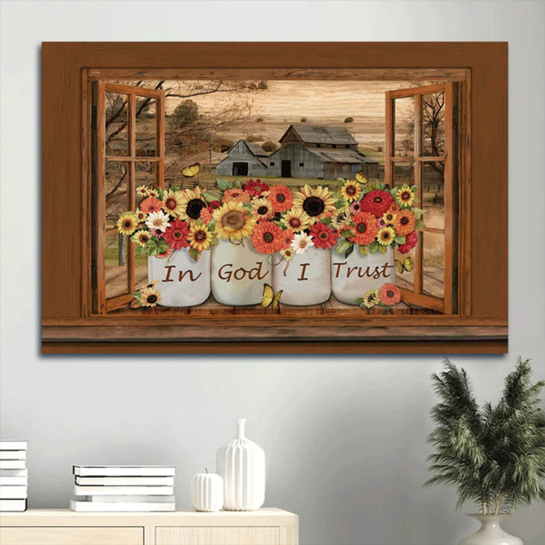 Barn On Farm Types Of Flowers Yellow Butterfly Canvas In God I Trust Canvas Wall Art - Christian Wall Decor
