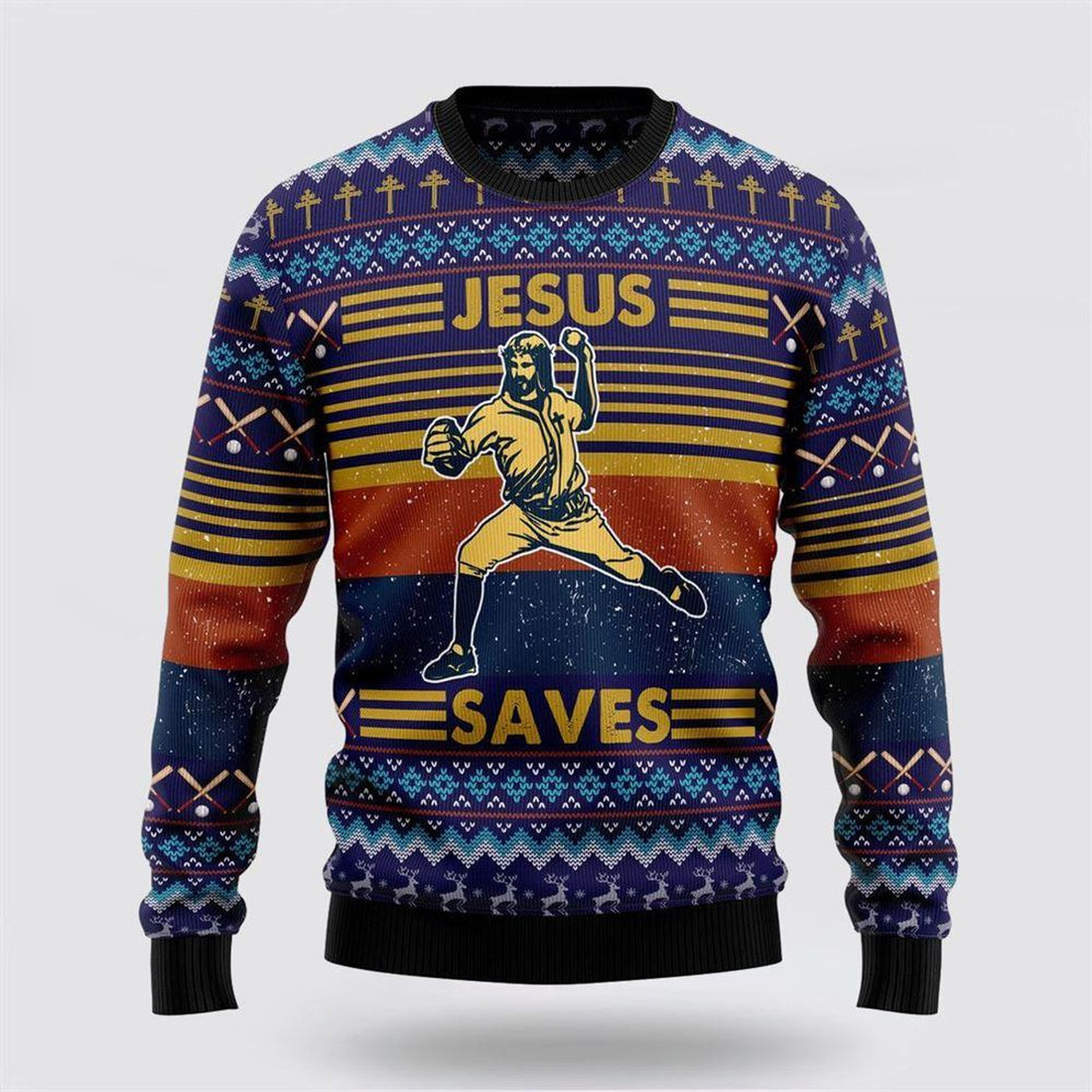 FUNSTUFFPRINT Baseball Jesus Save Ugly Christmas Sweater – Gifts For Christians Ugly Sweater