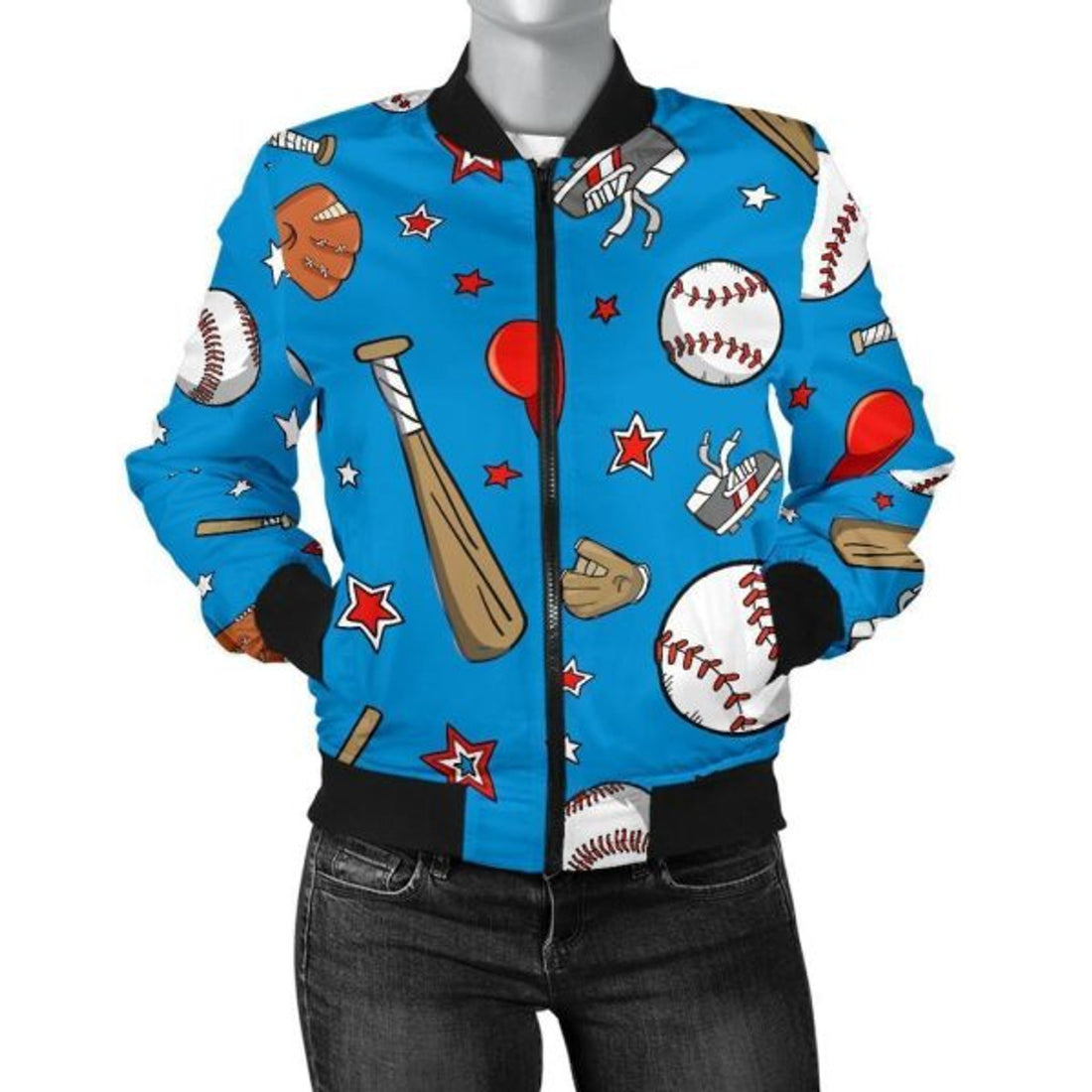 FUNSTUFFPRINT Baseball Pattern Print Women Casual 3D Bomber Jacket