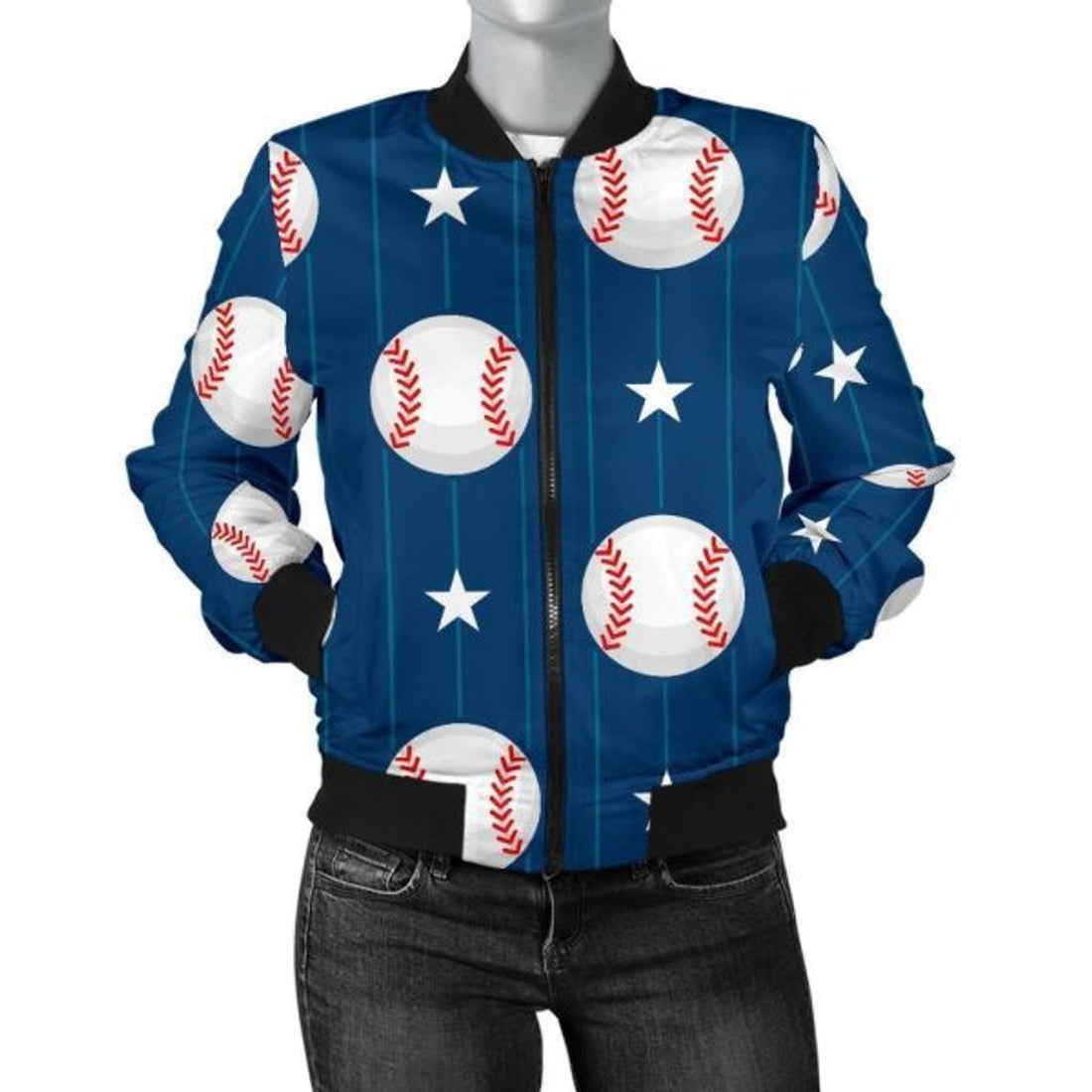 FUNSTUFFPRINT Baseball Star Pattern Print Women Casual 3D Bomber Jacket