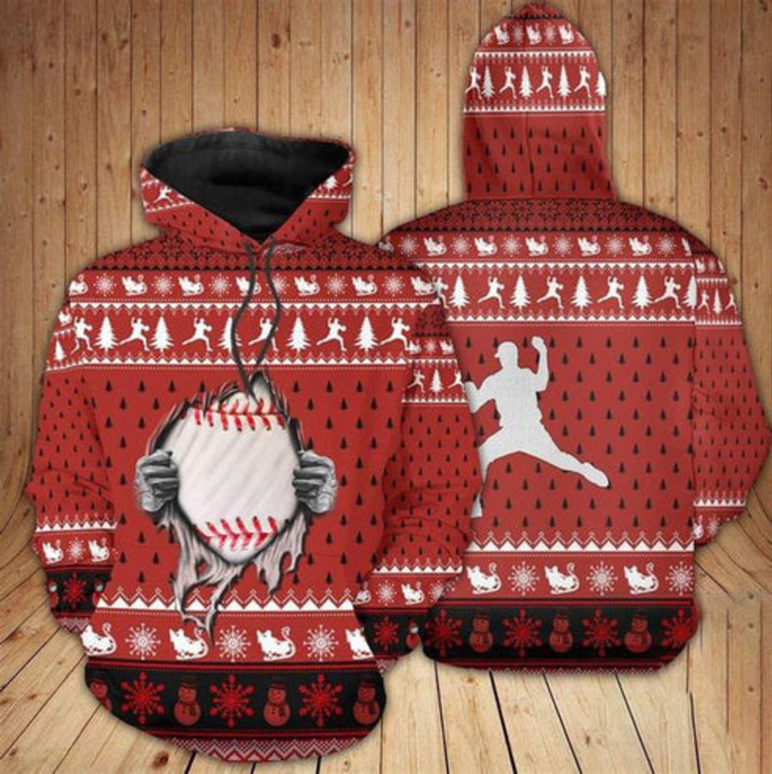FUNSTUFFPRINT 3D Baseball Christmas All Over 3D Hoodie and Zip Hoodie