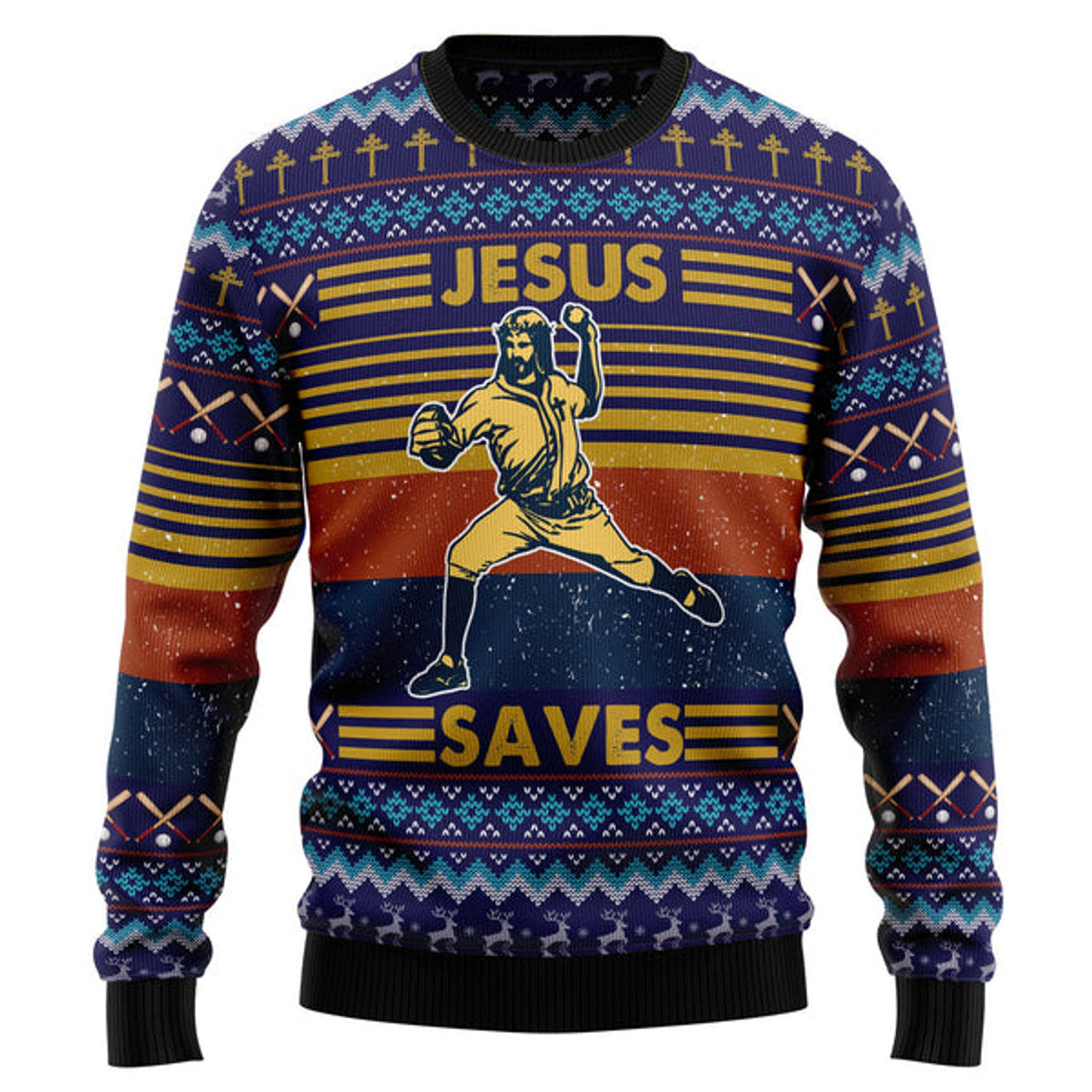 FUNSTUFFPRINT Baseball Jesus Save Ugly Christmas Sweater - Xmas Gifts For Him Or Her - Christmas Gift For Friends  Ugly  Sweater