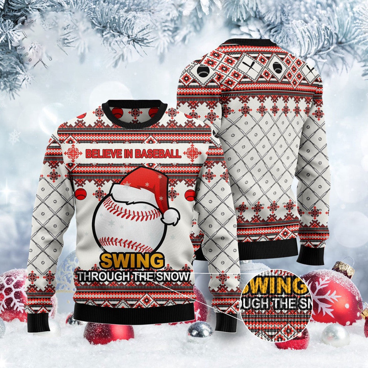 FUNSTUFFPRINT Baseball Swing Through Snow Ugly Christmas Sweater, Christmas Sweater, Ugly Sweater, Funny Xmas Sweaters Ugly Sweater