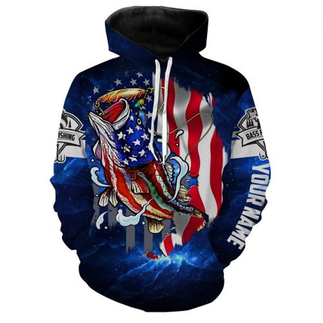 FUNSTUFFPRINT Personalized Fishing 3D All Over Hoodie Bass Fishing American Flag Patriotic 3D Hoodie and Zip Hoodie