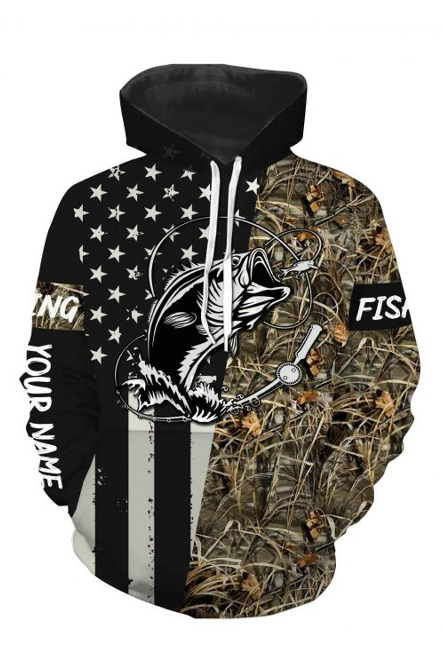 FUNSTUFFPRINT Personalized Fishing 3D All Over Hoodie Bass Fishing US Flag Lake 3D Hoodie and Zip Hoodie