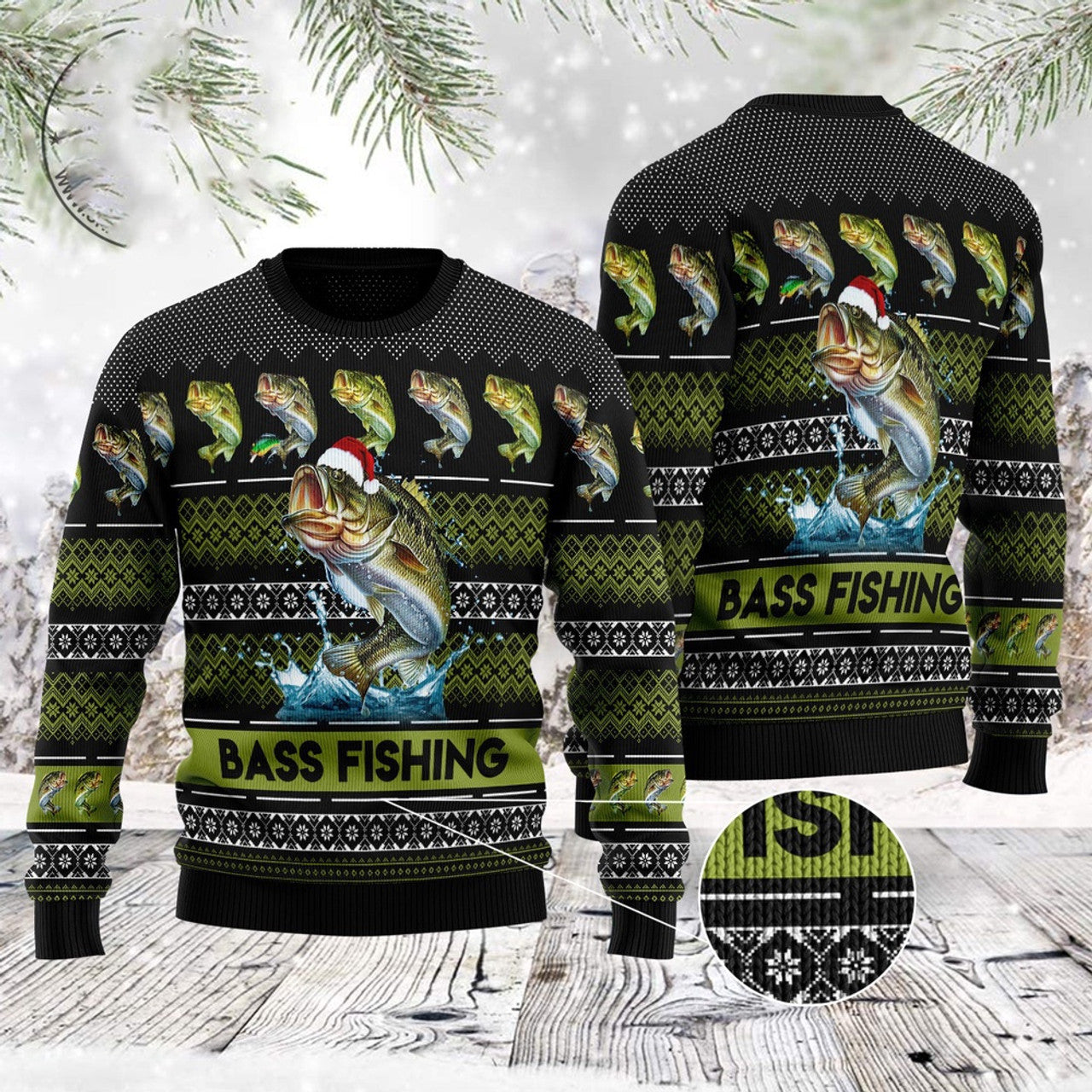 FUNSTUFFPRINT Bass Fishing Ugly Christmas Sweater, Christmas Sweater, Ugly Sweater, Funny Xmas Sweaters Ugly Sweater