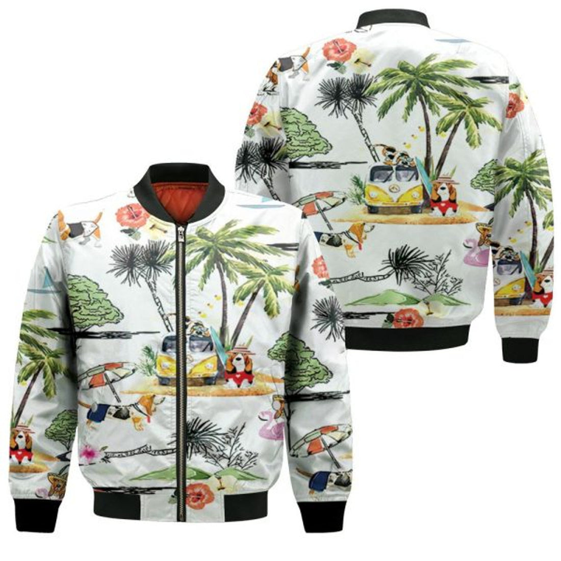 FUNSTUFFPRINT Basset Hound Hawaiian Hawaii Beach Retro 3D Bomber Jacket