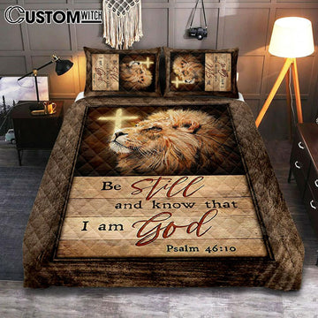 Be Still And Know That I Am God Lion Of Judah Cross Light Quilt Bedding Set Art - Bible Verse Bedroom