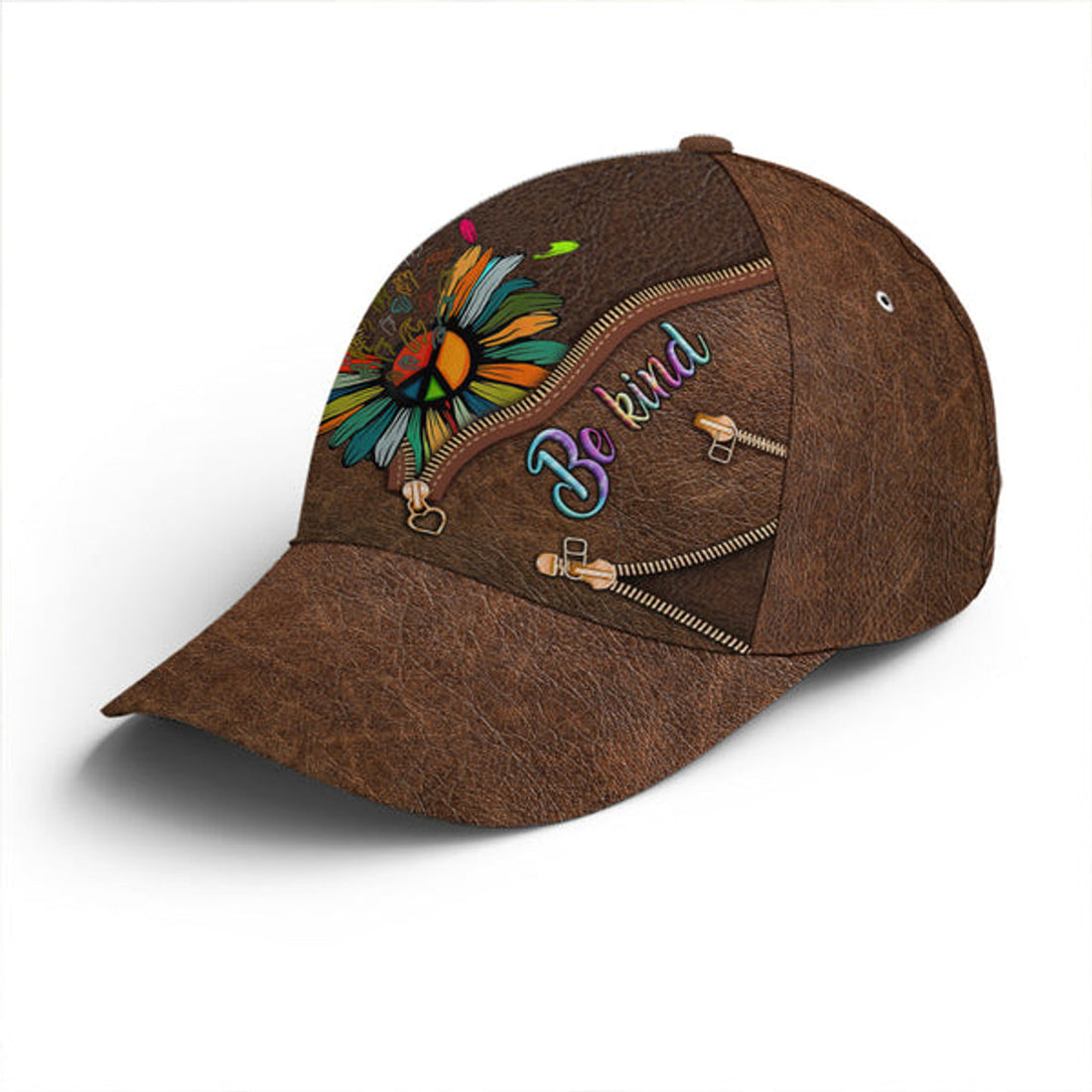 FUNSTUFFPRINT Be Kind Hippie Sunflower Leather Style Baseball Cap
