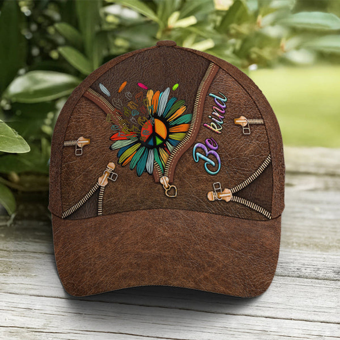 FUNSTUFFPRINT Be Kind Hippie Sunflower Leather Style Baseball Cap