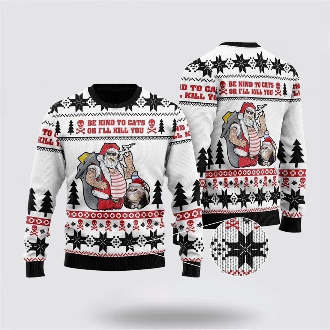 FUNSTUFFPRINT Be Kind To Cats Ugly Christmas Sweater – Cat Lover Christmas Sweater Ugly Sweater