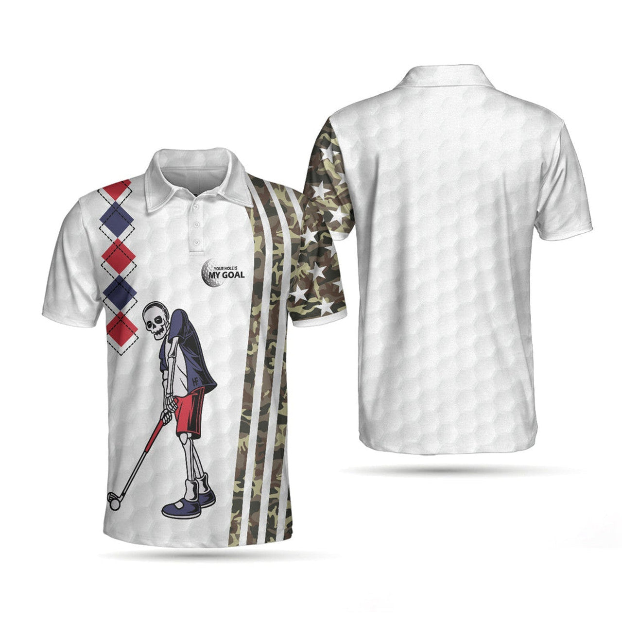 Be Skull And Goal Camouflage Polo Shirt, Your Hole Is My Goal Stripes Pattern Shirt, Camo Golf Shirt For Men