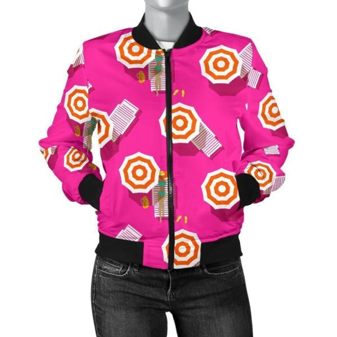 FUNSTUFFPRINT Beach Pink Pattern Print Women Casual 3D Bomber Jacket