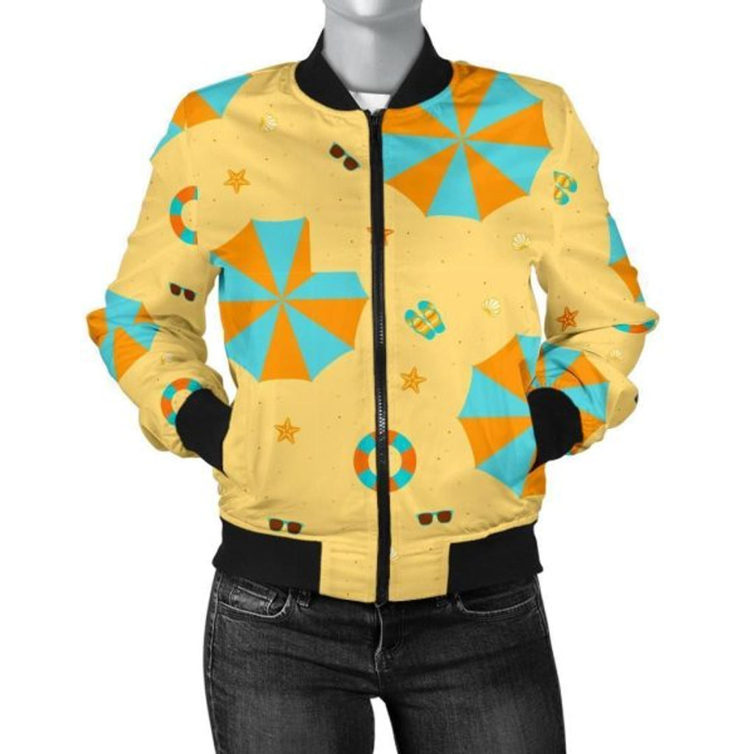 FUNSTUFFPRINT Beach Print Pattern Women Casual 3D Bomber Jacket