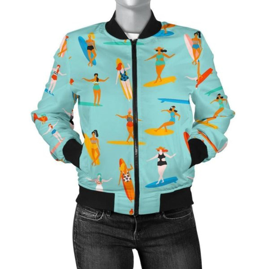 FUNSTUFFPRINT Beach Surfing Pattern Print Women Casual 3D Bomber Jacket