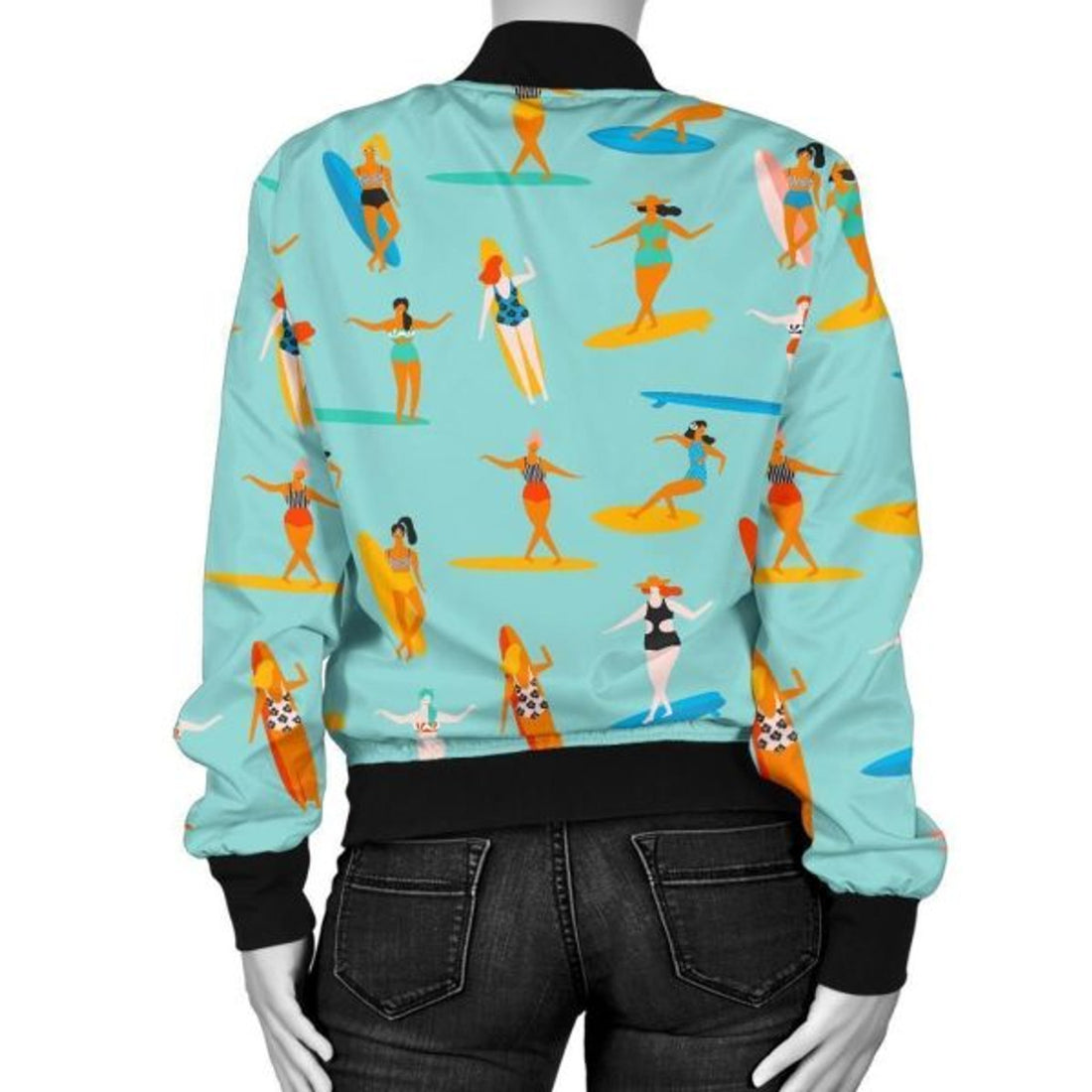 FUNSTUFFPRINT Beach Surfing Pattern Print Women Casual 3D Bomber Jacket