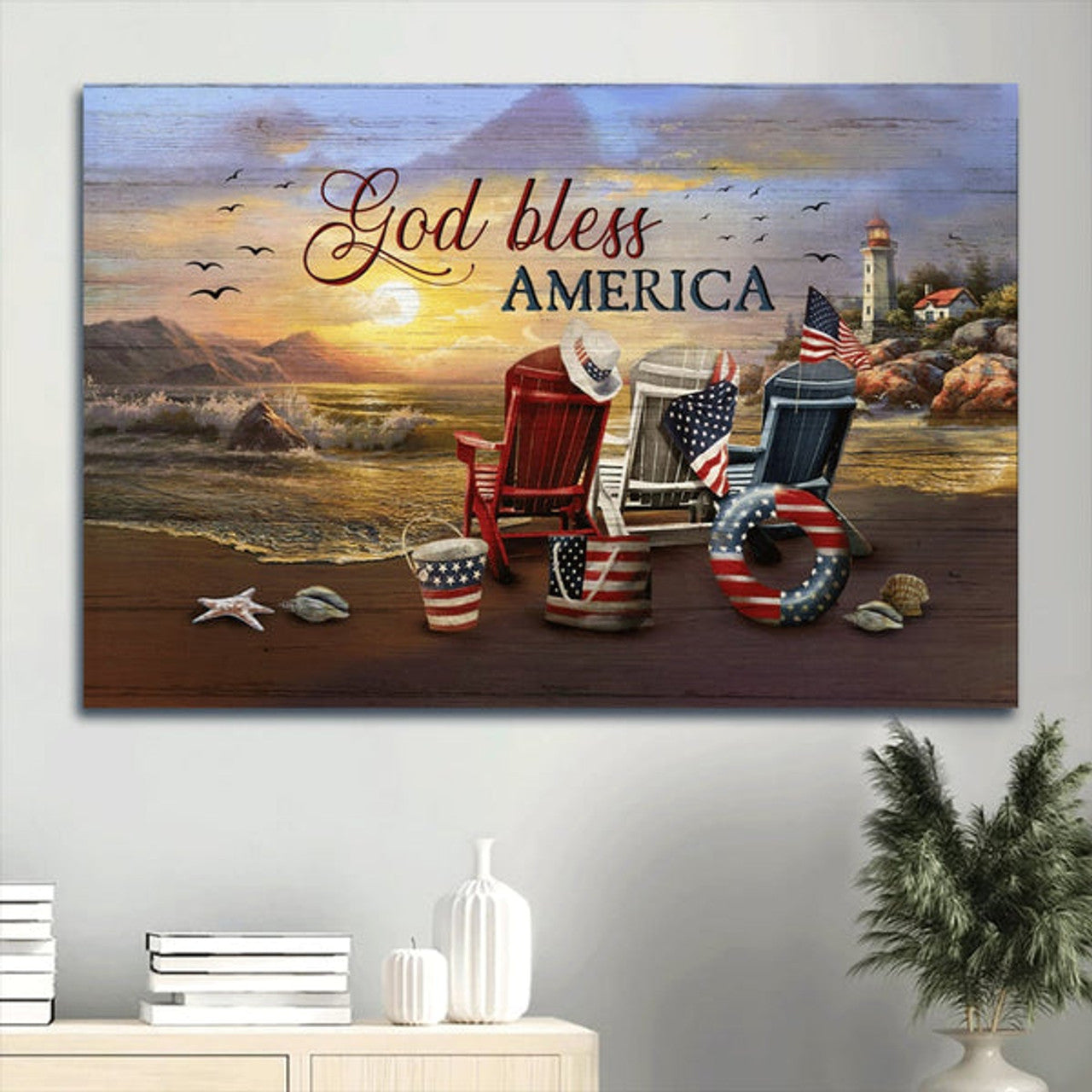 Beach Chair American Flag Today Sunrise Seagull Painting Canvas God Bless America Canvas Wall Art - Christian Wall Decor