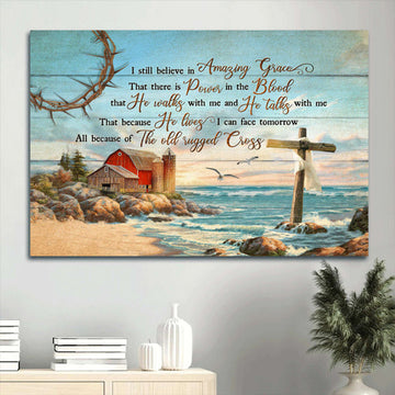 Beach Painting Blue Ocean Rustic Farmhouse I Still Believe In Amazing Grace Canvas Wall Art - Christian Wall Decor