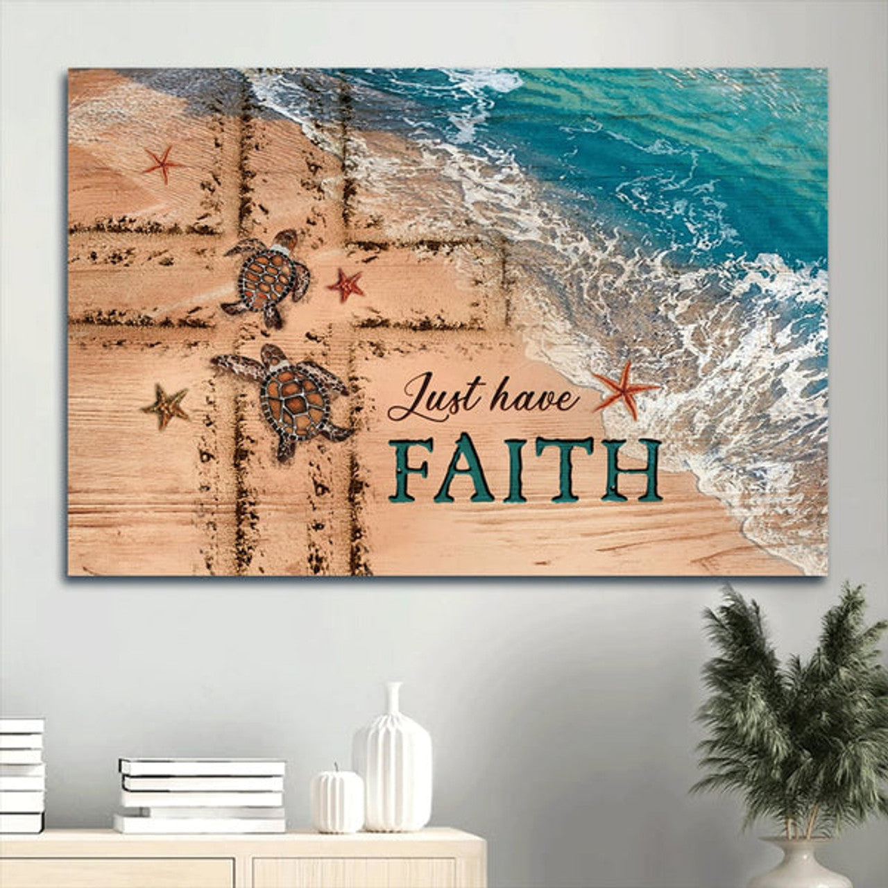 Beach Painting Couple Sea Turtle Cross Symbol Canvas Just Have Faith Canvas Wall Art - Christian Wall Decor